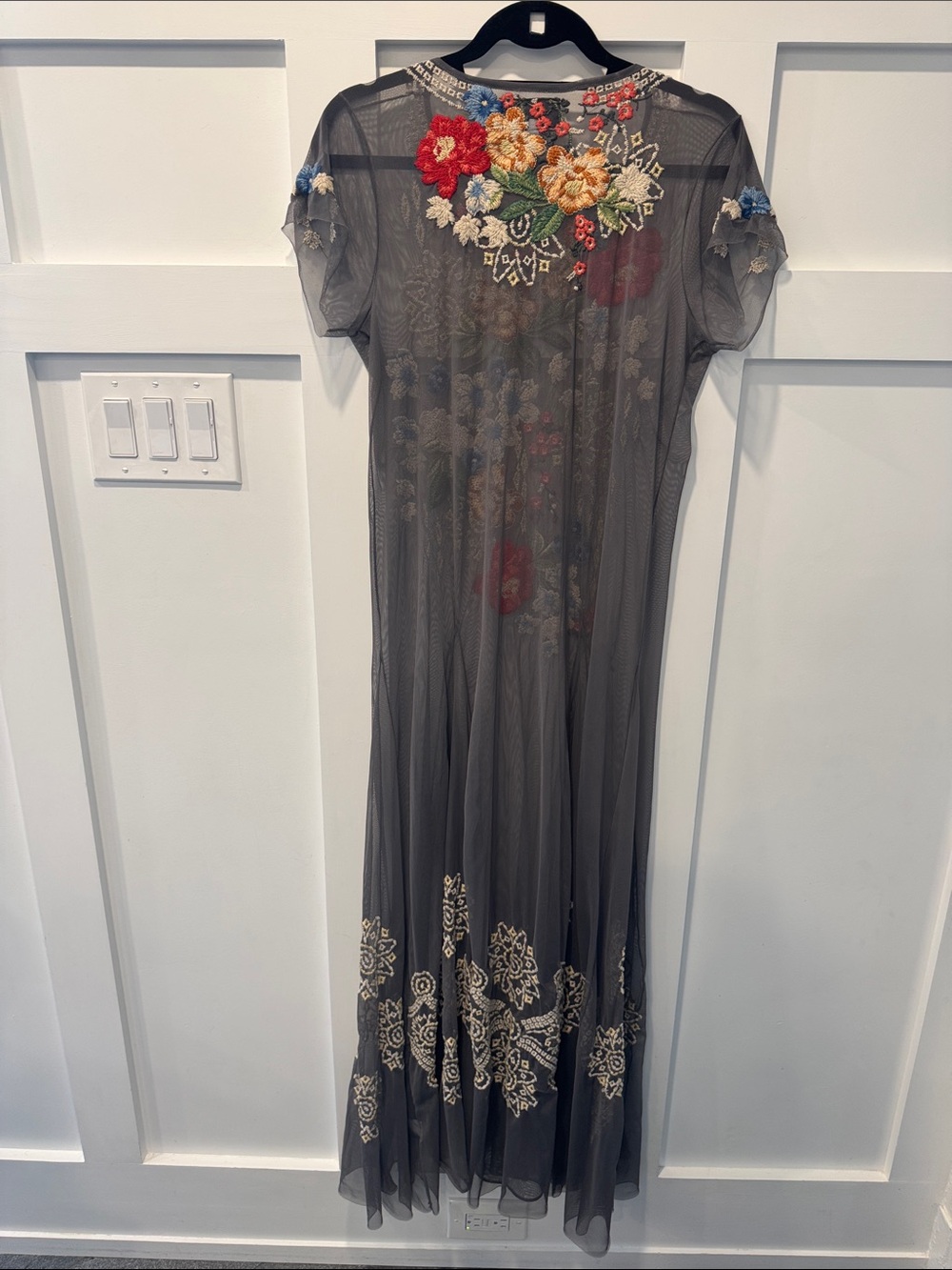BIYA Johnny Was Embroidered Sheer Maxi Dress - Gray with Multicolor Floral Large - Picture 3 of 4